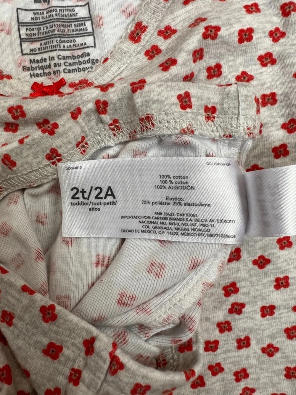 🍄3/$15 Carters Pajama Set Toddler Girl 2T Gray Floral Cotton Snug Fit Sleepwear